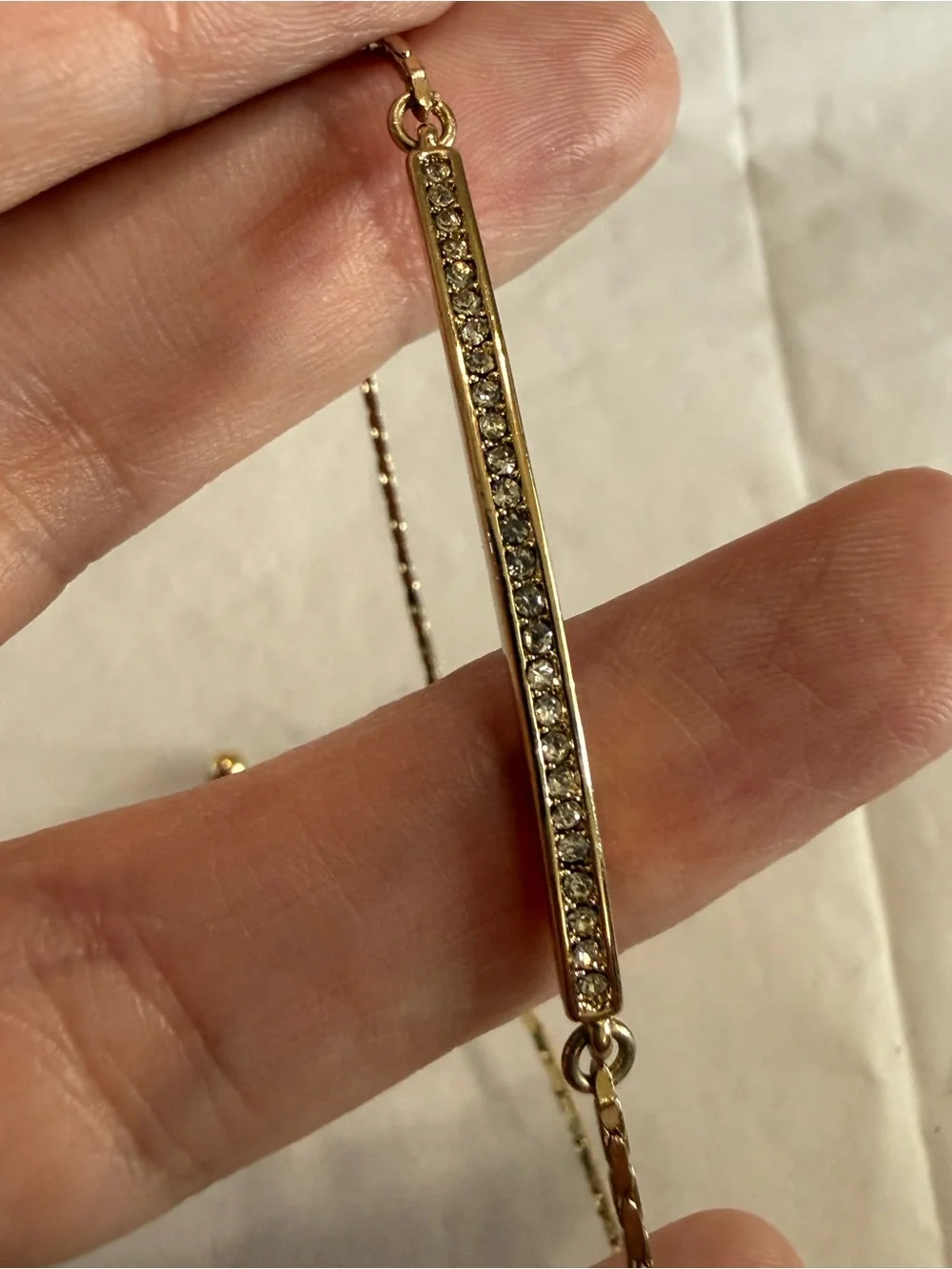 Dainty Lariat Adjustable Gold Tone Bar Slider Bracelet with Small Rhinestones